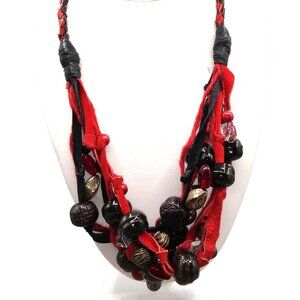 Vivid Bohemian Leather Necklace, Mixed Media Black and Red Beads on Red and Blac